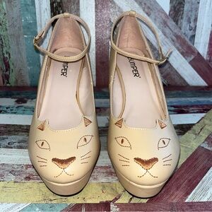 ModCloth Bumper Your’e Kitten Me Wedges Shoes Feline Cat Lady EUC Cream SZ 7.5